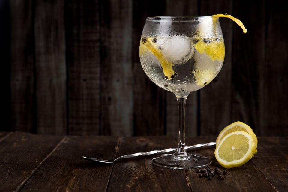 A gin and tonic with lemon on a dark wooden bar