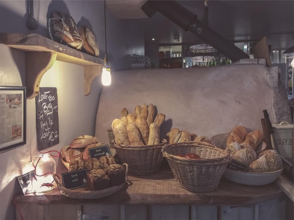 Baskets of bread on bakery shelves